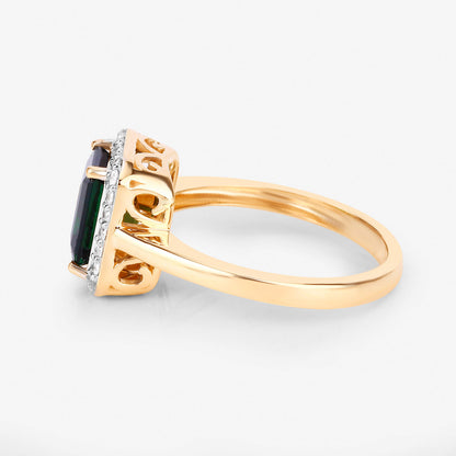 Natural Green Tourmaline Ring With Diamonds 2.98 Carats 14K Yellow Gold