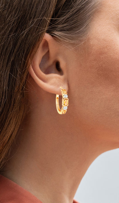 Citrine Hoop Earrings With White Topaz 2.84 Carats Gold Plated Silver