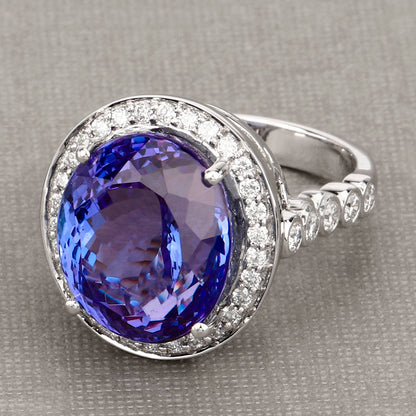 Tanzanite Ring With Diamonds 18.4 Carats 18K White Gold