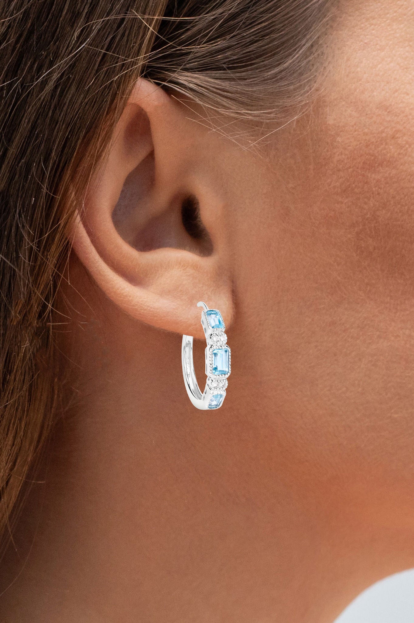 Blue Topaz Hoop Earrings With White Topaz 2.6 Carats Sterling Silver
