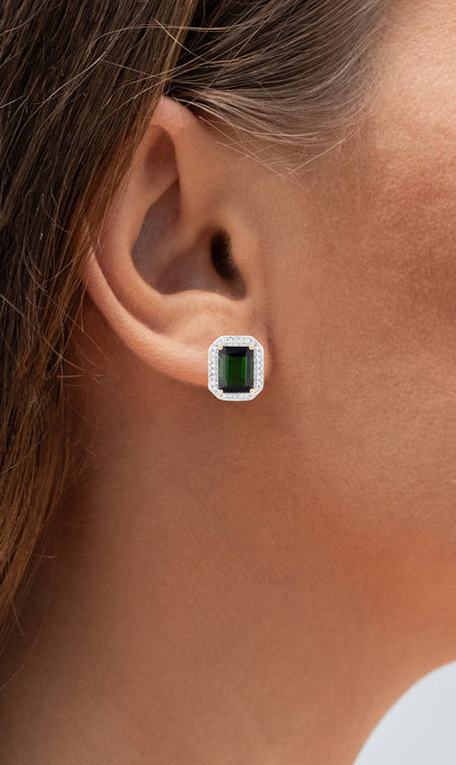 Green Tourmaline Stud Earrings Diamond Halo 3.55 Carats 14K Yellow Gold
