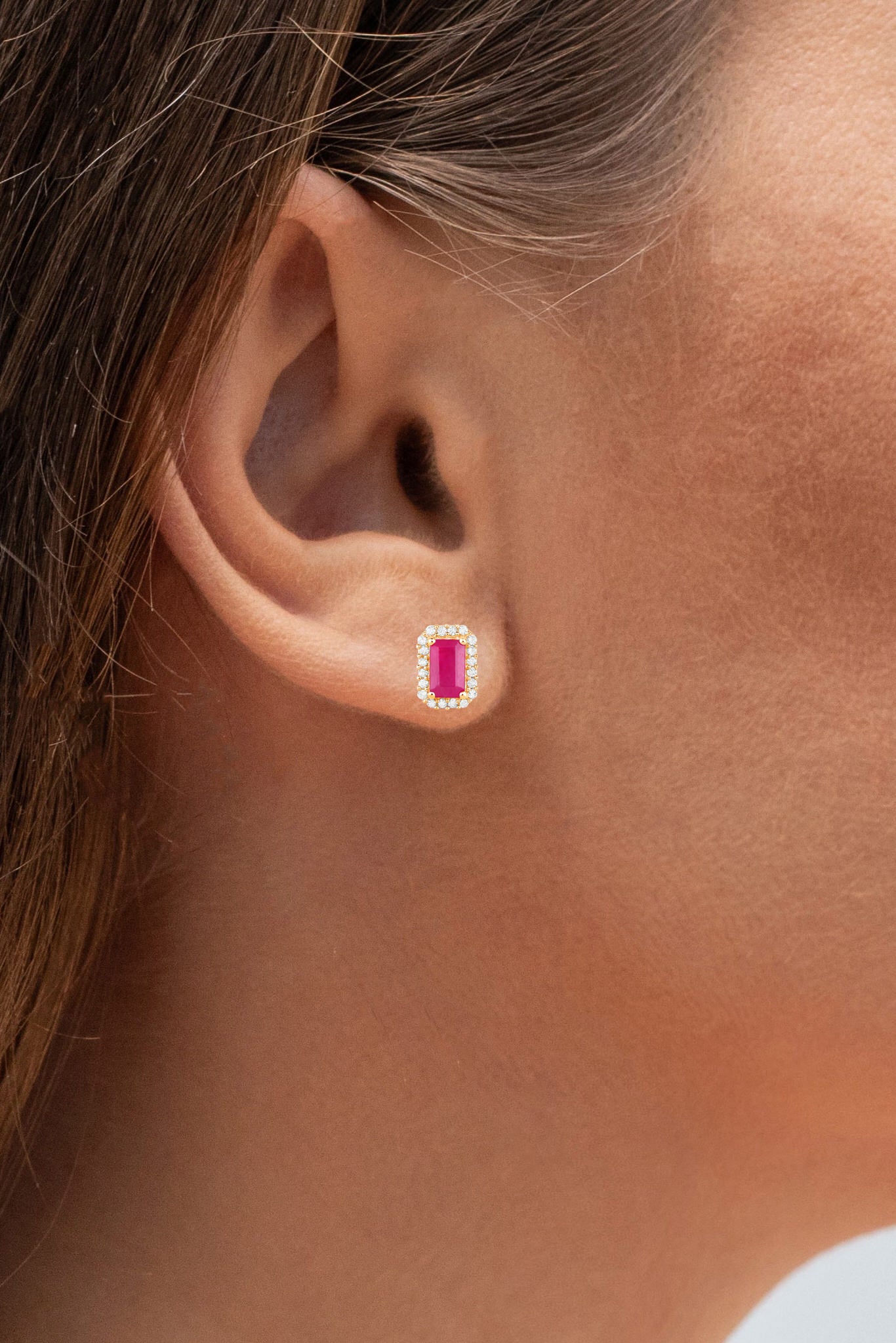 Ruby Earrings Diamond Halo 0.74 Carats 14K Yellow Gold