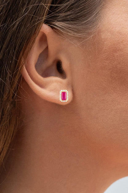Ruby Earrings Diamond Halo 0.74 Carats 14K Yellow Gold