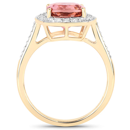 Natural Pink Tourmaline Ring With Diamonds 2.68 Carats 14K Yellow Gold
