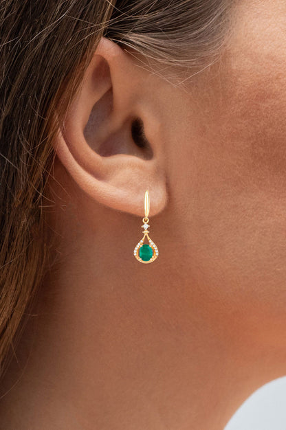 Zambian Emerald Dangle Earrings Diamonds 0.6 Carats 14K Yellow Gold