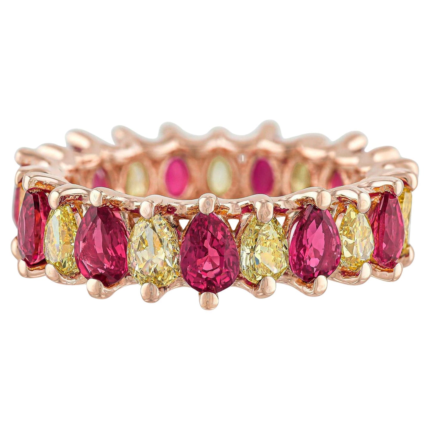 GIA Certified Burma Unheated Ruby and Fancy Yellow Diamond Eternity Ring Set