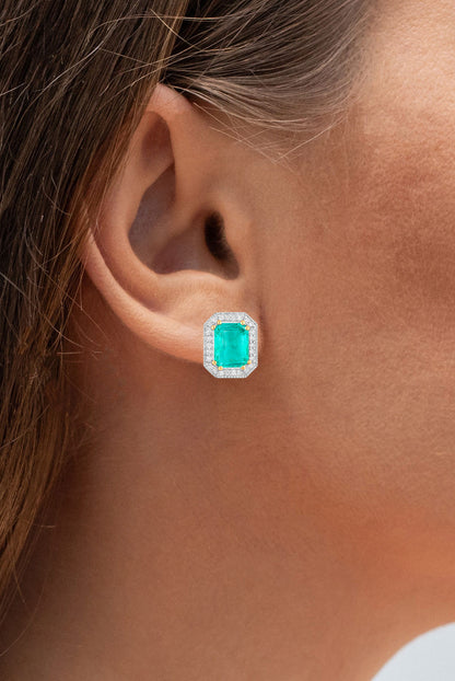 Ethiopian Emerald Stud Earrings Diamond Halo 2.9 Carats 14K Yellow Gold