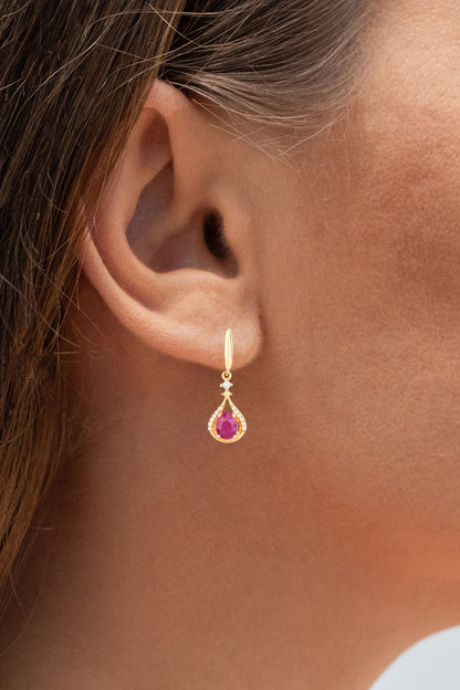 Ruby Dangle Earrings Diamonds 14K Yellow Gold