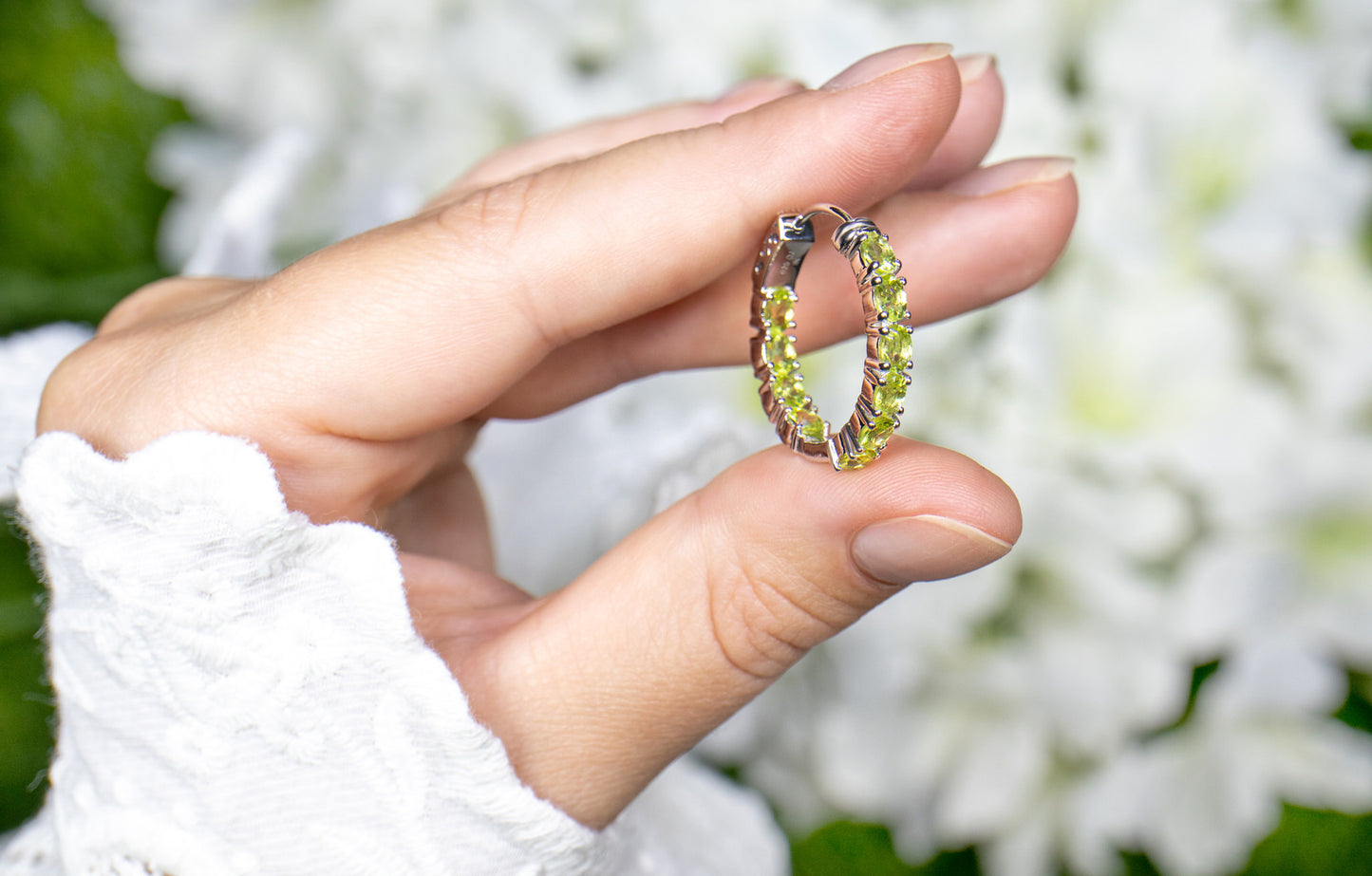 Natural Peridot Hoop Earrings 3.4 Carats Rhodium Plated Silver