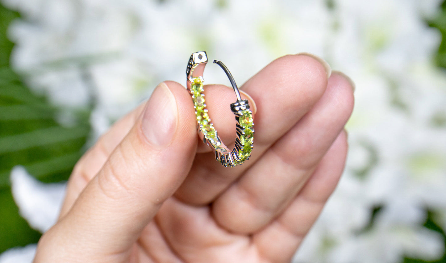 Natural Peridot Hoop Earrings 3.4 Carats Rhodium Plated Silver