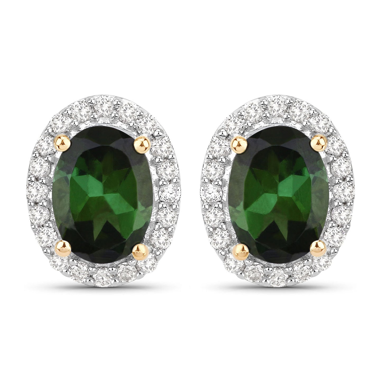 Natural Green Tourmaline and Diamond Halo Earrings 2 Carats 14K Yellow Gold