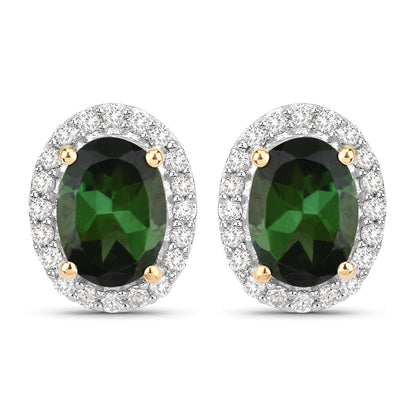 Natural Green Tourmaline and Diamond Halo Earrings 2 Carats 14K Yellow Gold