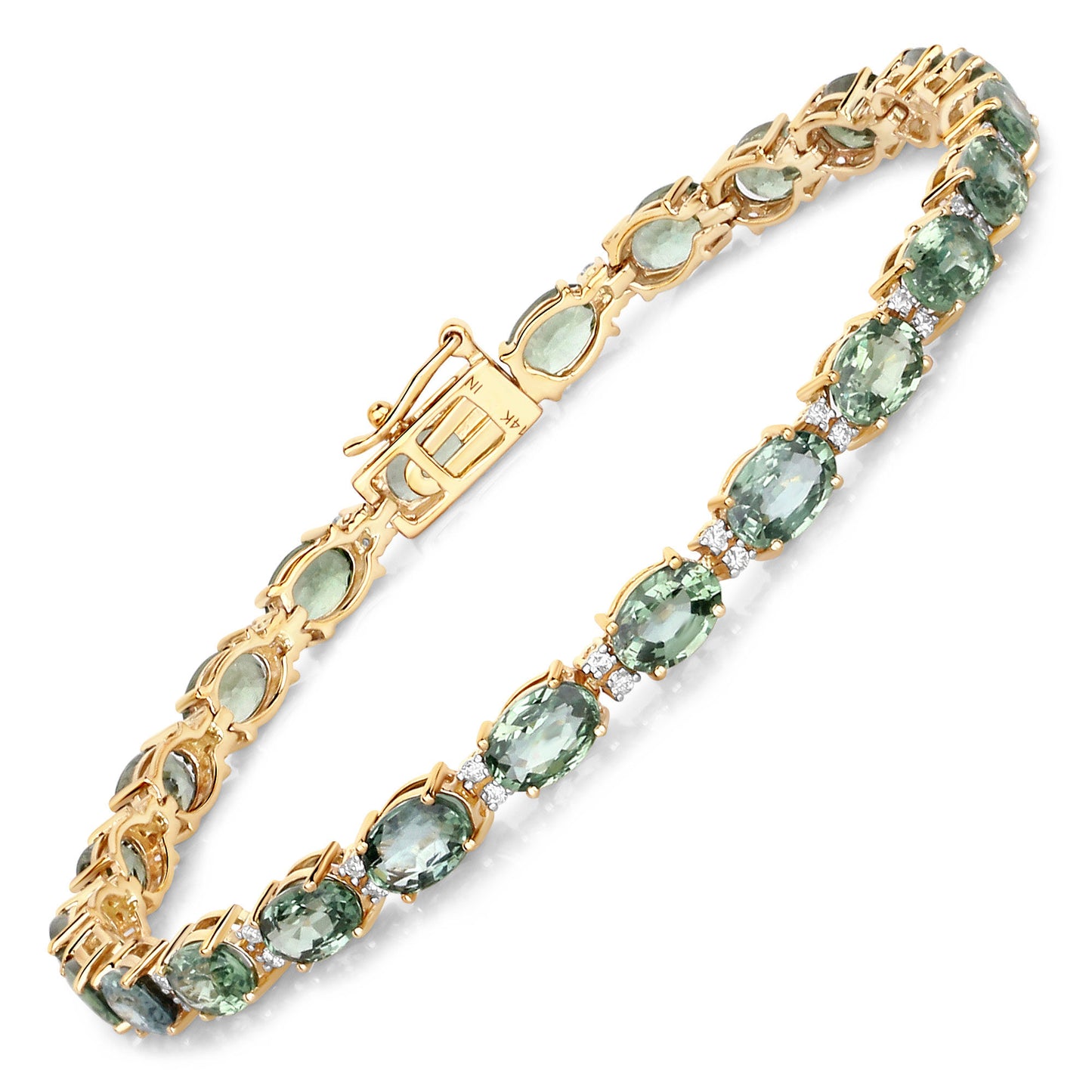 Natural Green Sapphire and Diamond Tennis Bracelet 12.80 Carats 14K Yellow Gold