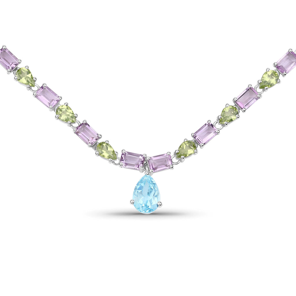 Natural Blue Topaz Amethyst and Peridot Eternity Necklace 32 Carats Silver