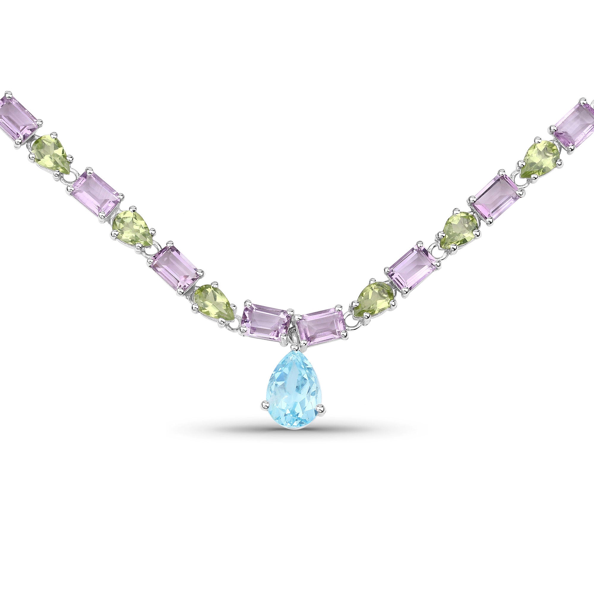 Natural Blue Topaz Amethyst and Peridot Eternity Necklace 32 Carats Silver