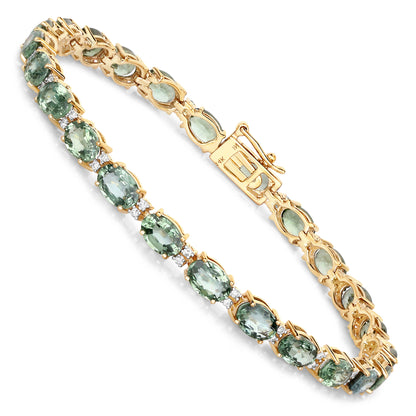 Natural Green Sapphire and Diamond Tennis Bracelet 12.80 Carats 14K Yellow Gold