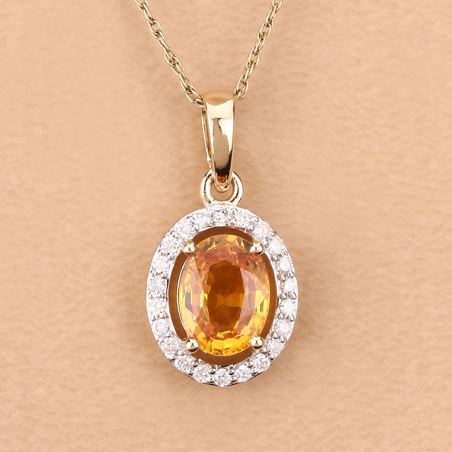 Natural Yellow Sapphire and Diamond Halo Pendant 14K Yellow Gold