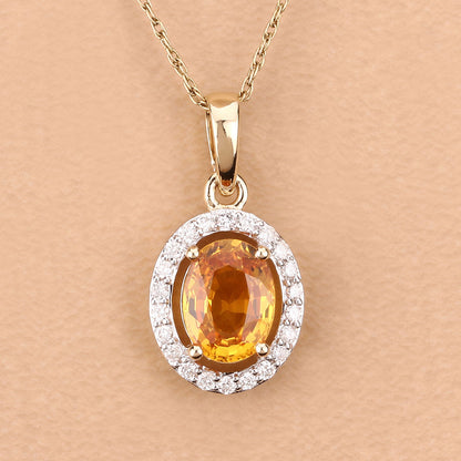 Natural Yellow Sapphire and Diamond Halo Pendant 14K Yellow Gold