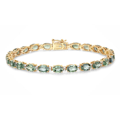 Natural Green Sapphire and Diamond Tennis Bracelet 12.80 Carats 14K Yellow Gold