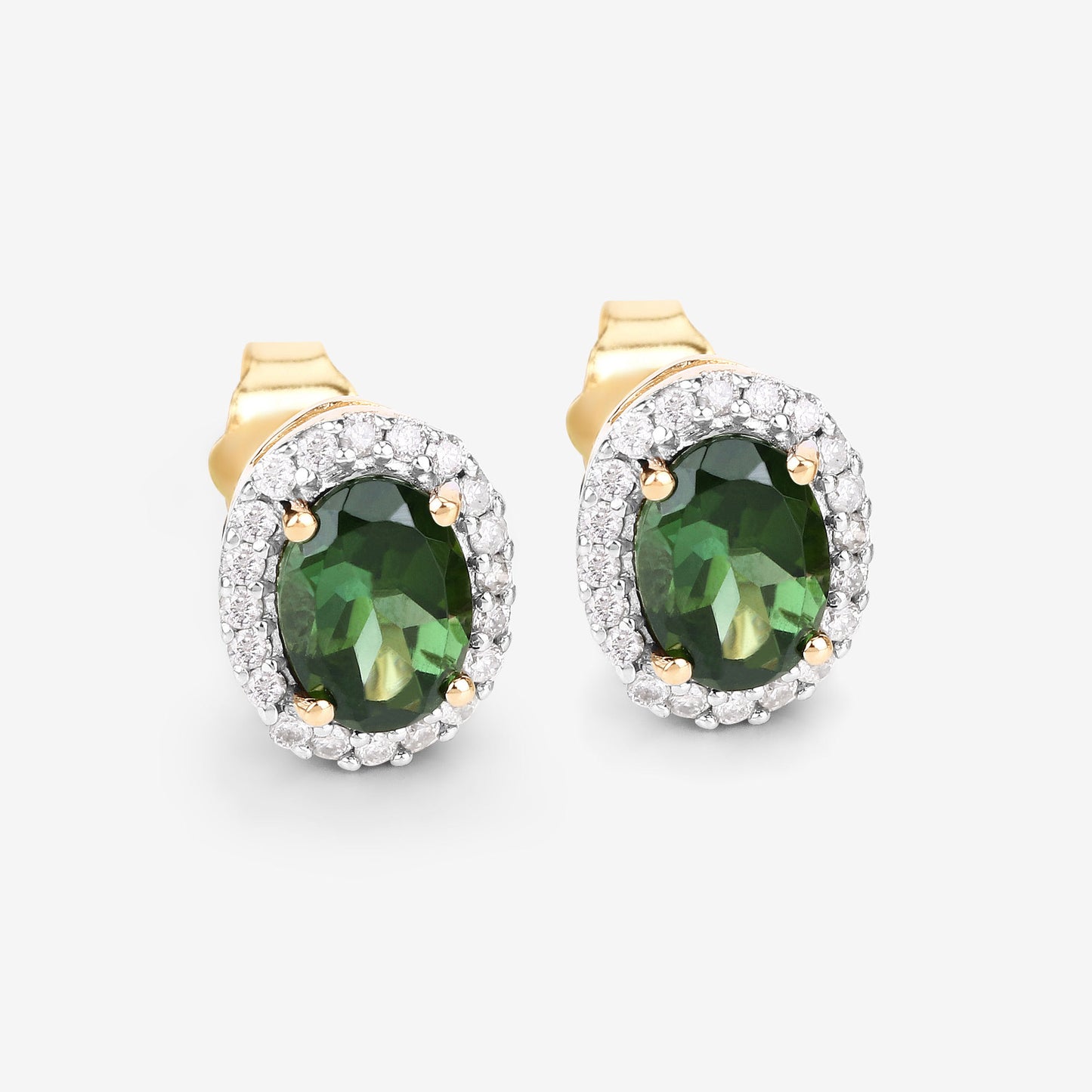 Natural Green Tourmaline and Diamond Halo Earrings 2 Carats 14K Yellow Gold