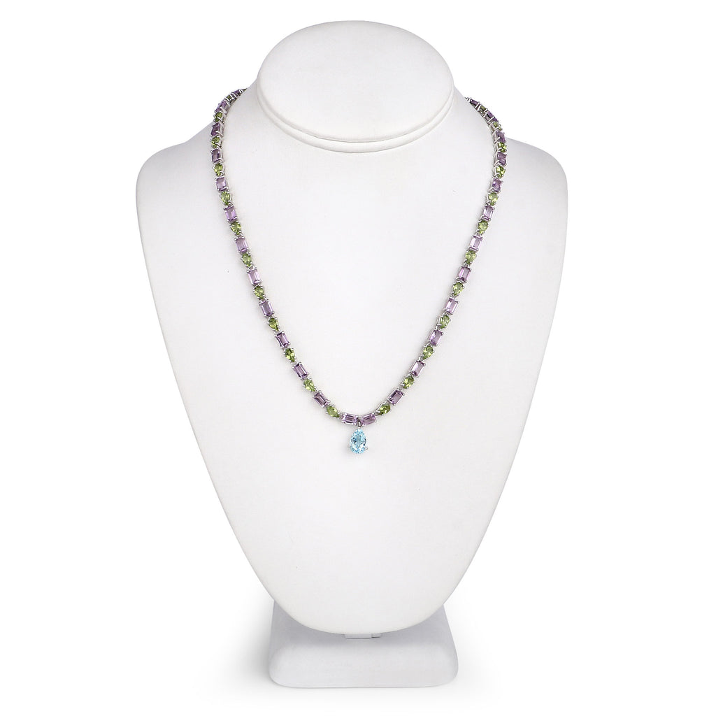 Natural Blue Topaz Amethyst and Peridot Eternity Necklace 32 Carats Silver
