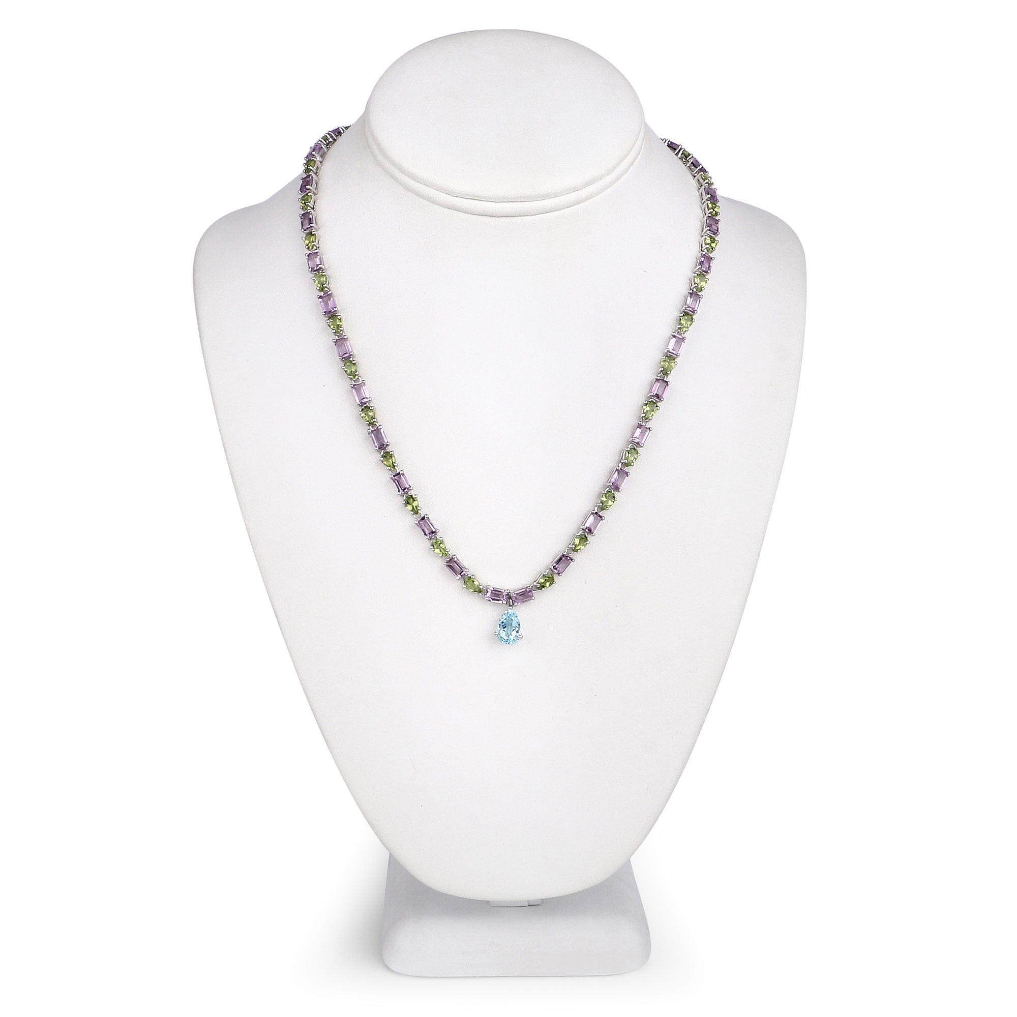 Natural Blue Topaz Amethyst and Peridot Eternity Necklace 32 Carats Silver
