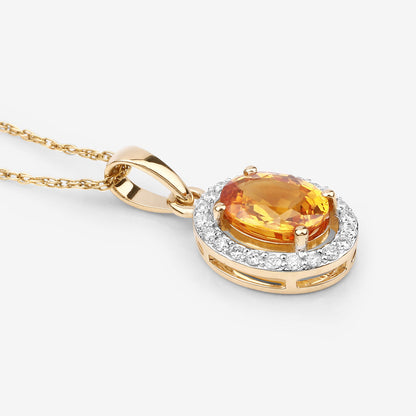 Natural Yellow Sapphire and Diamond Halo Pendant 14K Yellow Gold