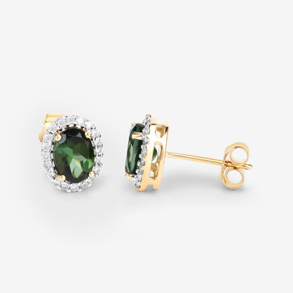 Natural Green Tourmaline and Diamond Halo Earrings 2 Carats 14K Yellow Gold