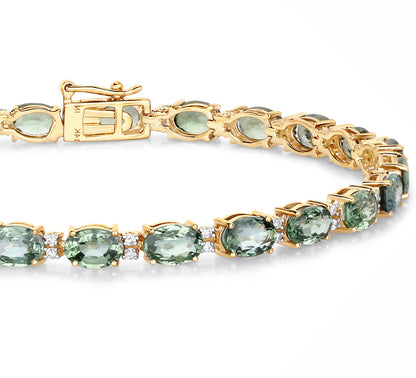 Natural Green Sapphire and Diamond Tennis Bracelet 12.80 Carats 14K Yellow Gold