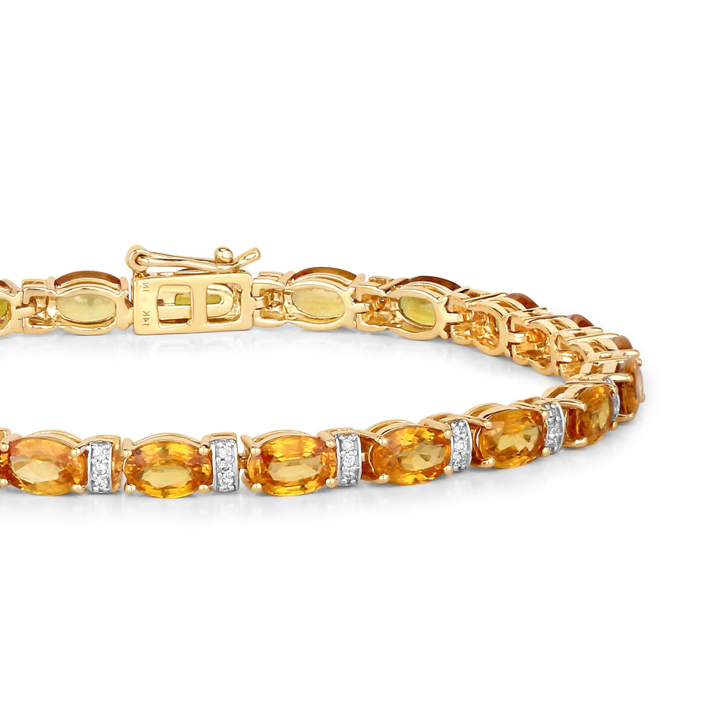 Orange Sapphire Tennis Bracelet Diamond Links 12.35 Carats 14K Yellow Gold