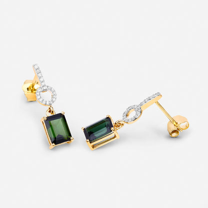 Natural Green Tourmaline and Diamond Dangle Earrings 2.30 Carats 14K Yellow Gold