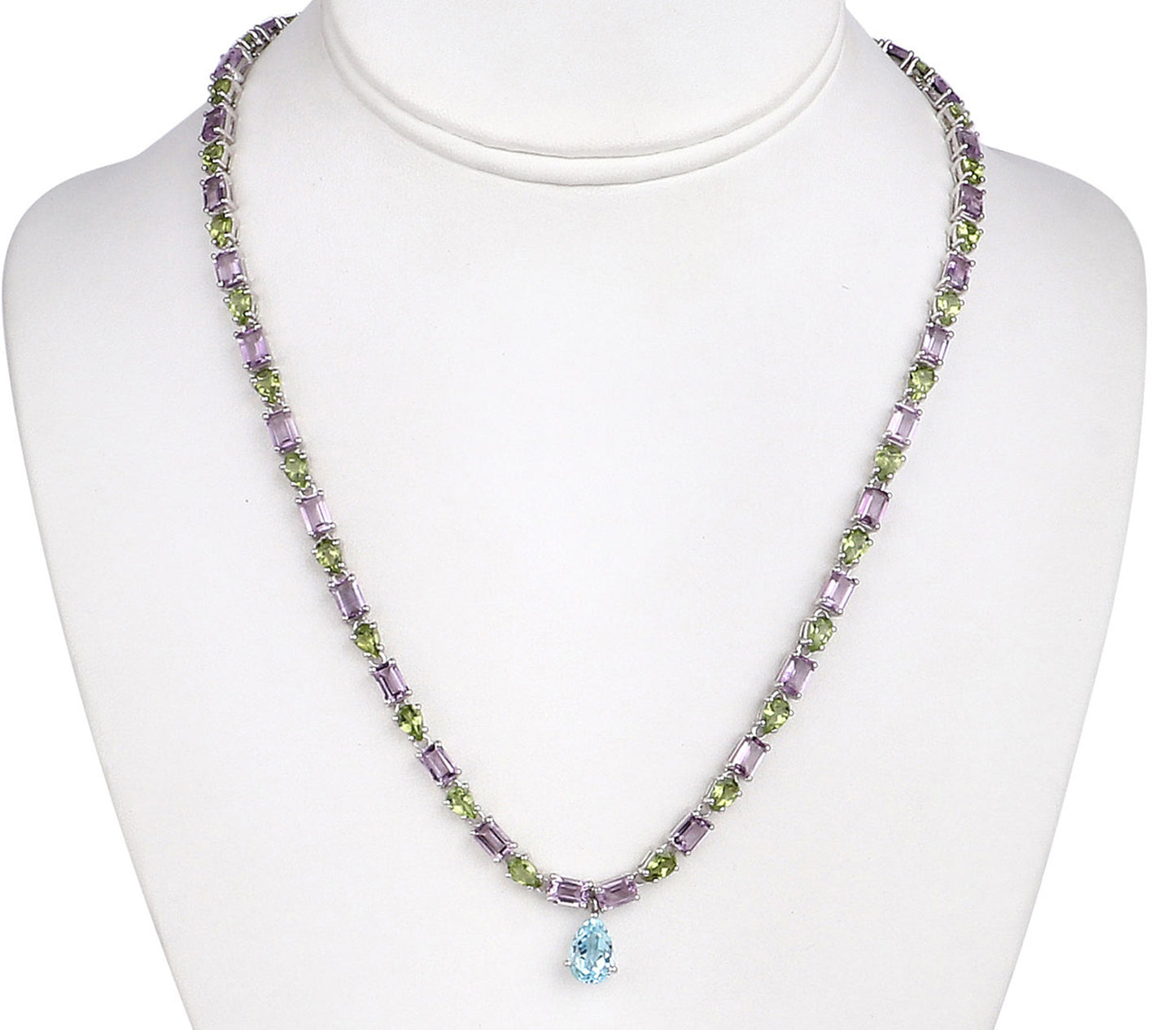Natural Blue Topaz Amethyst and Peridot Eternity Necklace 32 Carats Silver