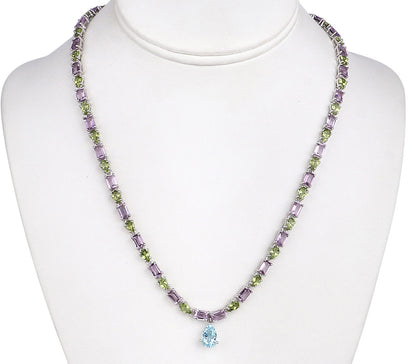Natural Blue Topaz Amethyst and Peridot Eternity Necklace 32 Carats Silver
