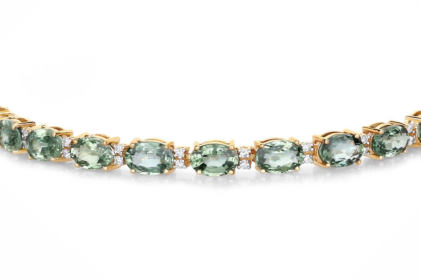 Natural Green Sapphire and Diamond Tennis Bracelet 12.80 Carats 14K Yellow Gold