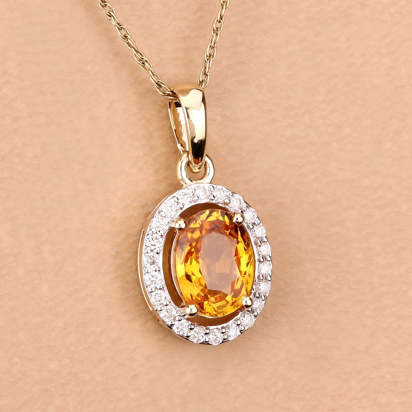 Natural Yellow Sapphire and Diamond Halo Pendant 14K Yellow Gold