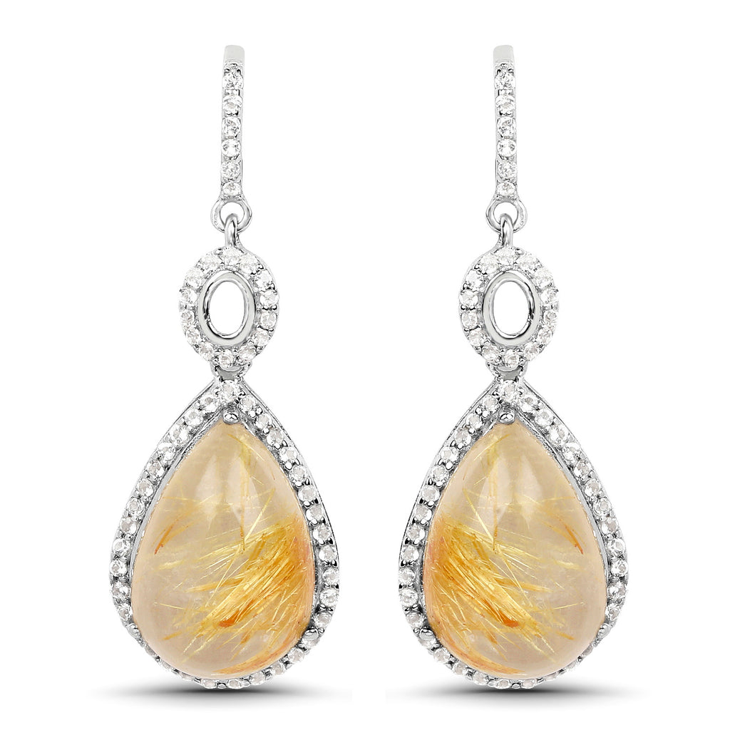 Natural Cabochon Golden Rutile Quartz Dangle Earrings Set With Topaz