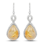 Natural Cabochon Golden Rutile Quartz Dangle Earrings Set With Topaz