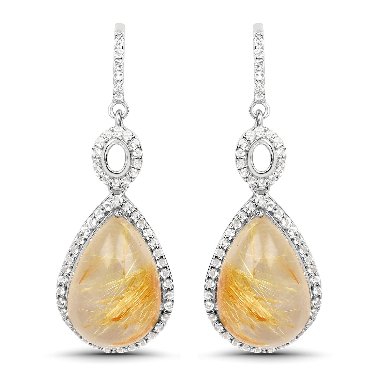 Natural Cabochon Golden Rutile Quartz Dangle Earrings Set With Topaz