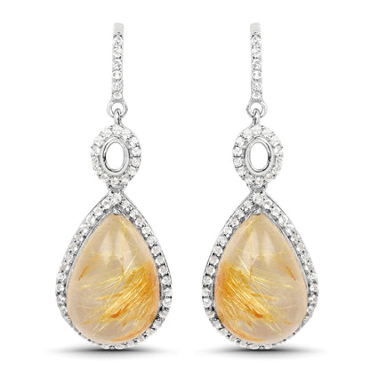 Natural Cabochon Golden Rutile Quartz Dangle Earrings Set With Topaz