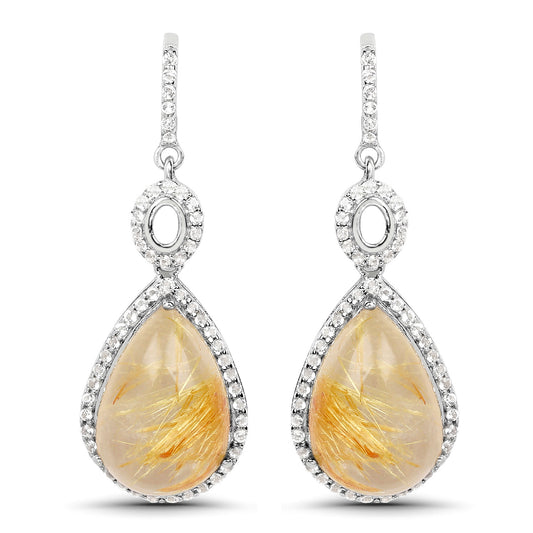 Natural Cabochon Golden Rutile Quartz Dangle Earrings Set With Topaz