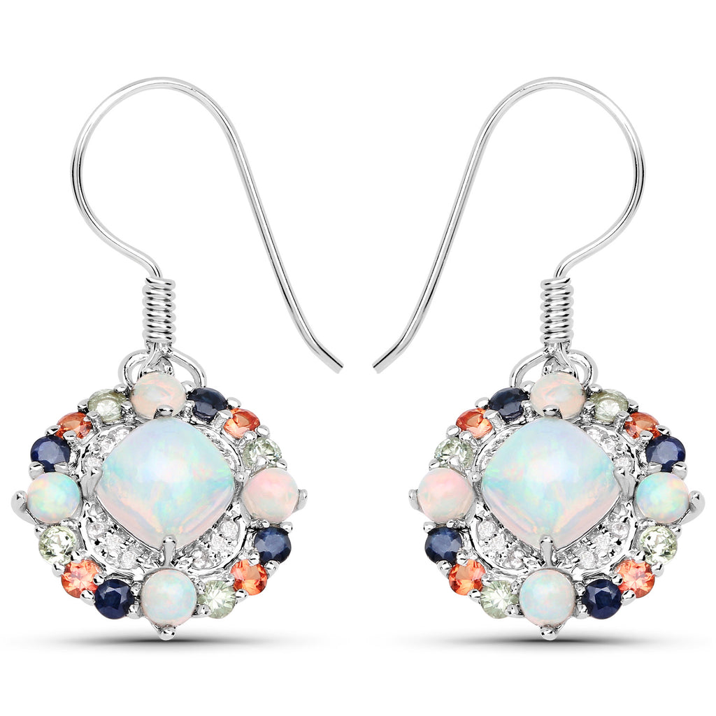 Natural Ethiopian Opal Dangle Earrings Set With Multicolored Sapphires