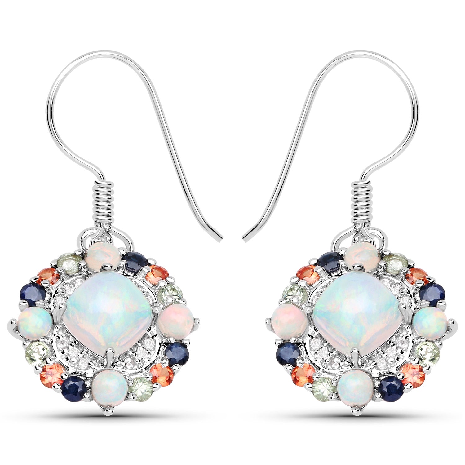 Natural Ethiopian Opal Dangle Earrings Set With Multicolored Sapphires