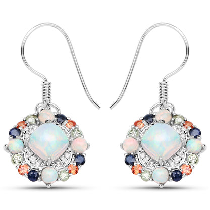 Natural Ethiopian Opal Dangle Earrings Set With Multicolored Sapphires