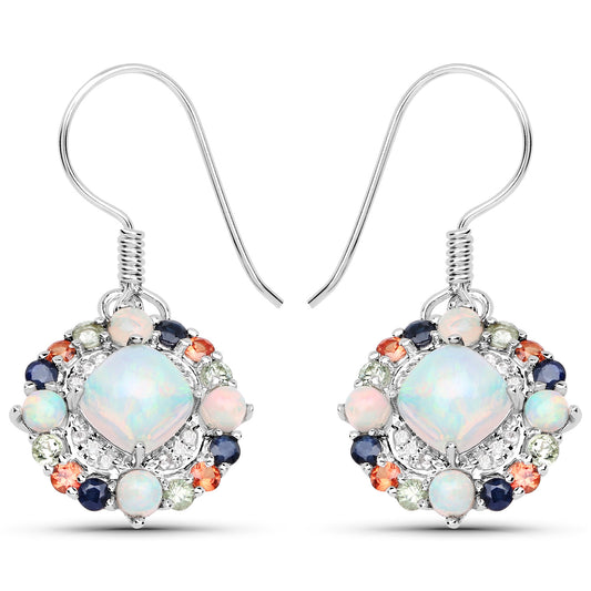 Natural Ethiopian Opal Dangle Earrings Set With Multicolored Sapphires