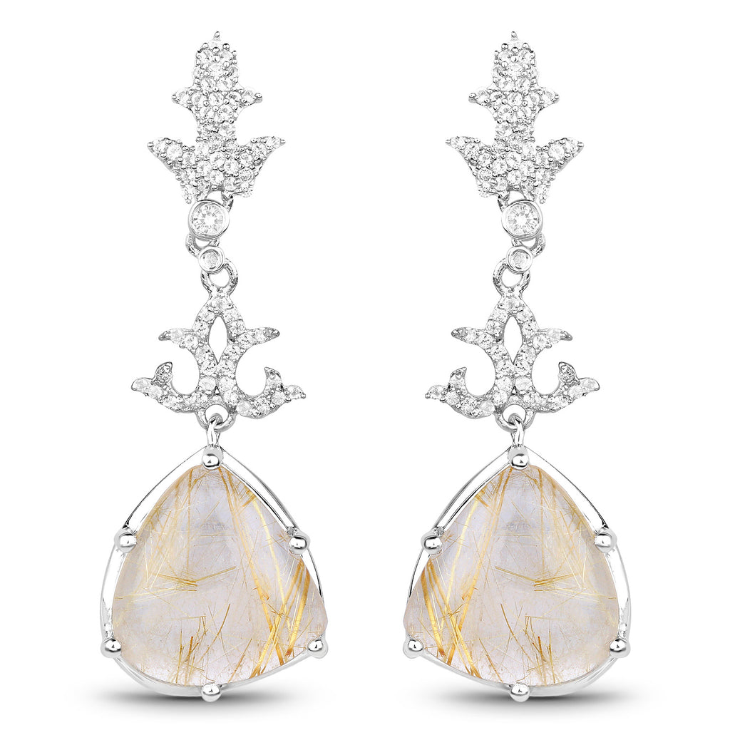 Natural Golden Rutile Quartz Dangle Earrings Set With Topaz