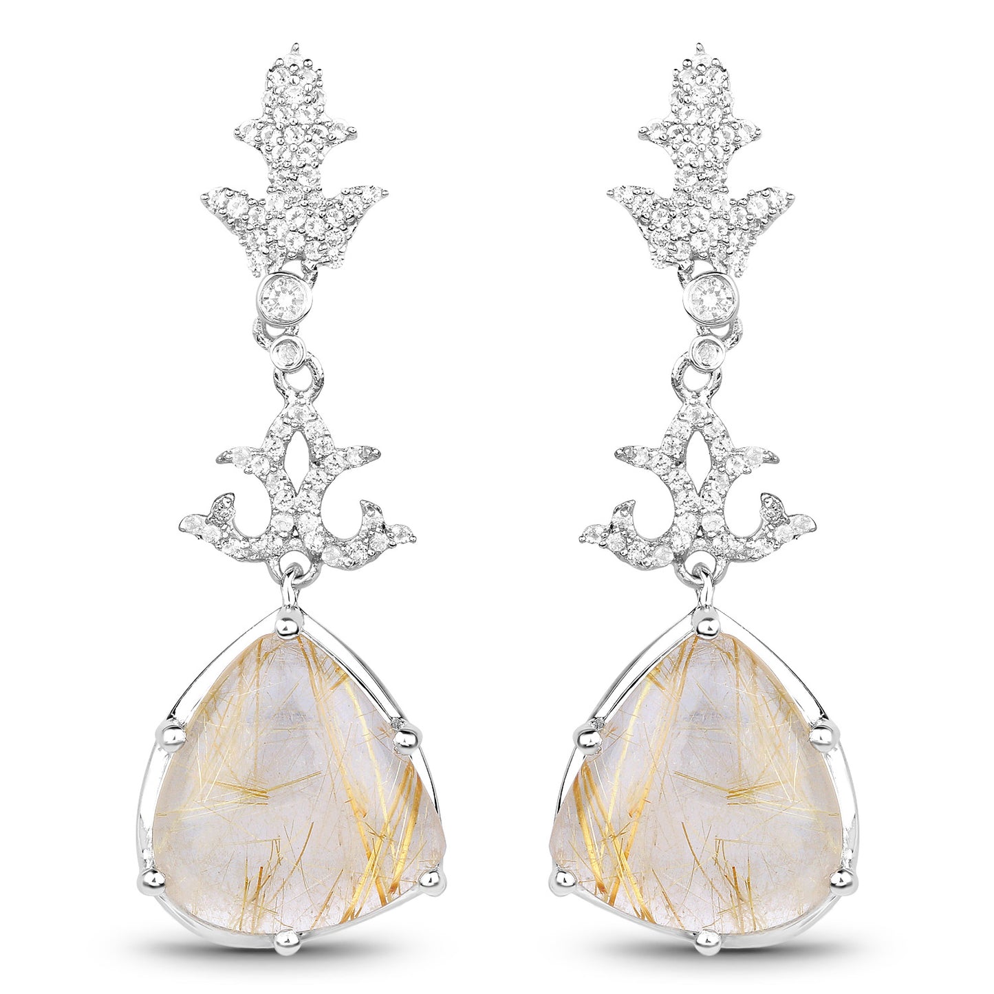 Natural Golden Rutile Quartz Dangle Earrings Set With Topaz