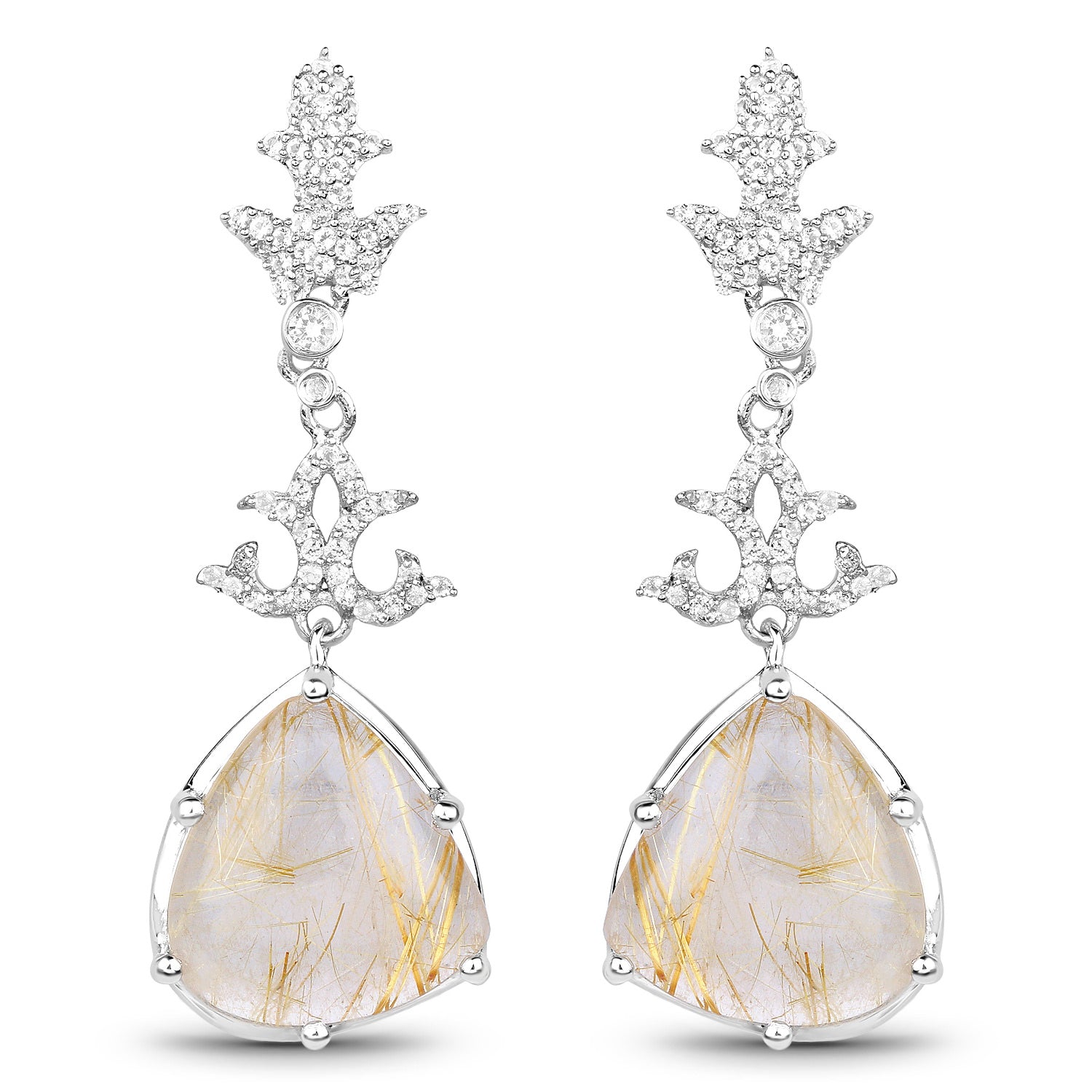 Natural Golden Rutile Quartz Dangle Earrings Set With Topaz