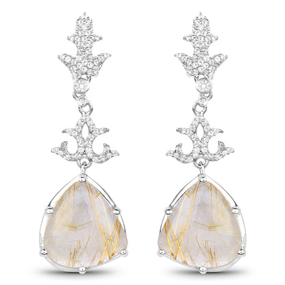 Natural Golden Rutile Quartz Dangle Earrings Set With Topaz