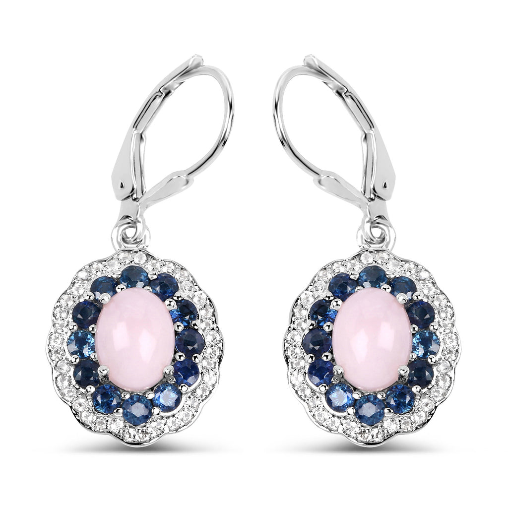 Natural Pink Opal & Blue Sapphire Dangle Earrings Rhodium Plated Silver