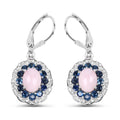 Natural Pink Opal & Blue Sapphire Dangle Earrings Rhodium Plated Silver